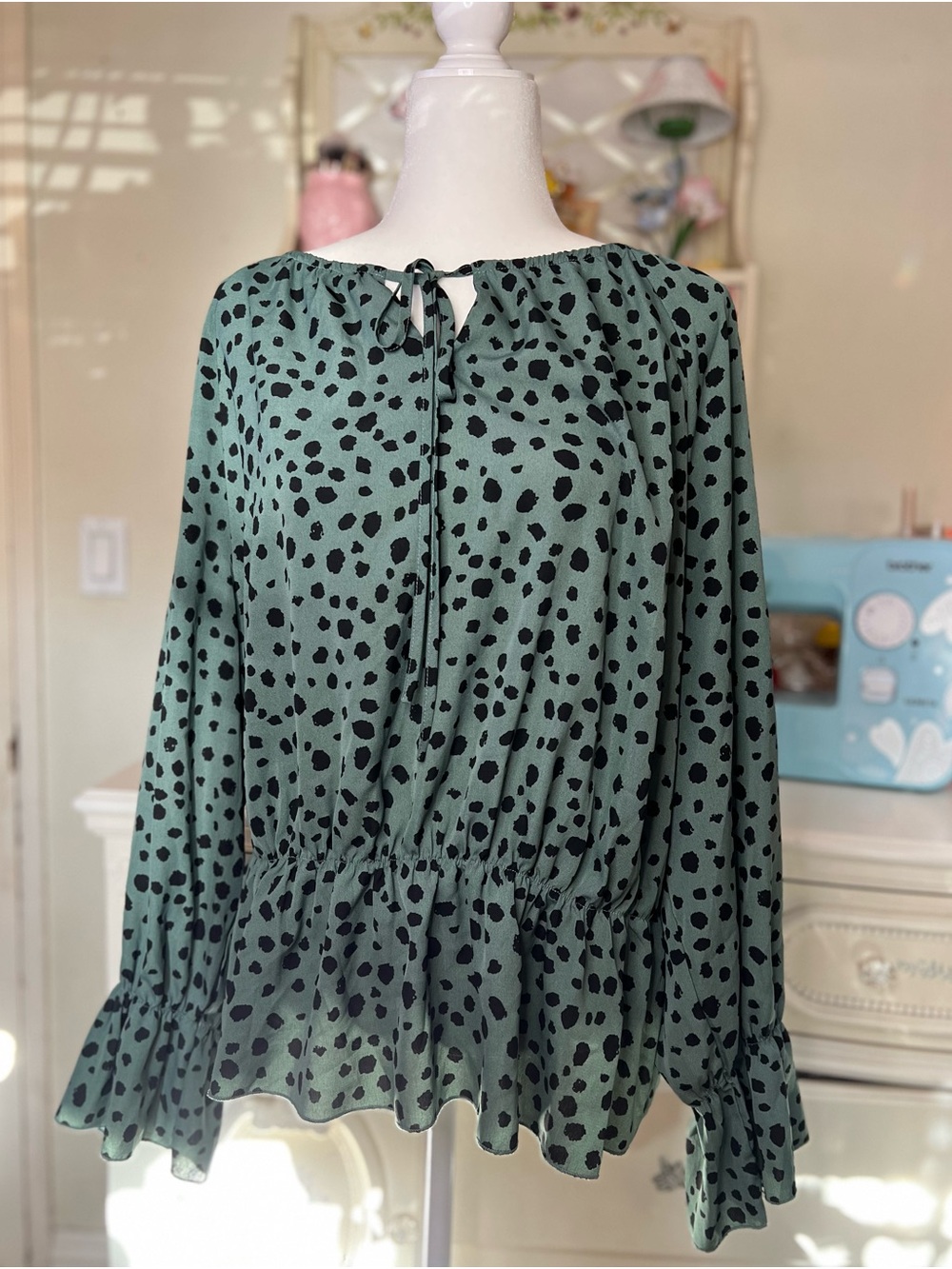 Sage Green Polka Dot Tie-Neck Peasant Blouse